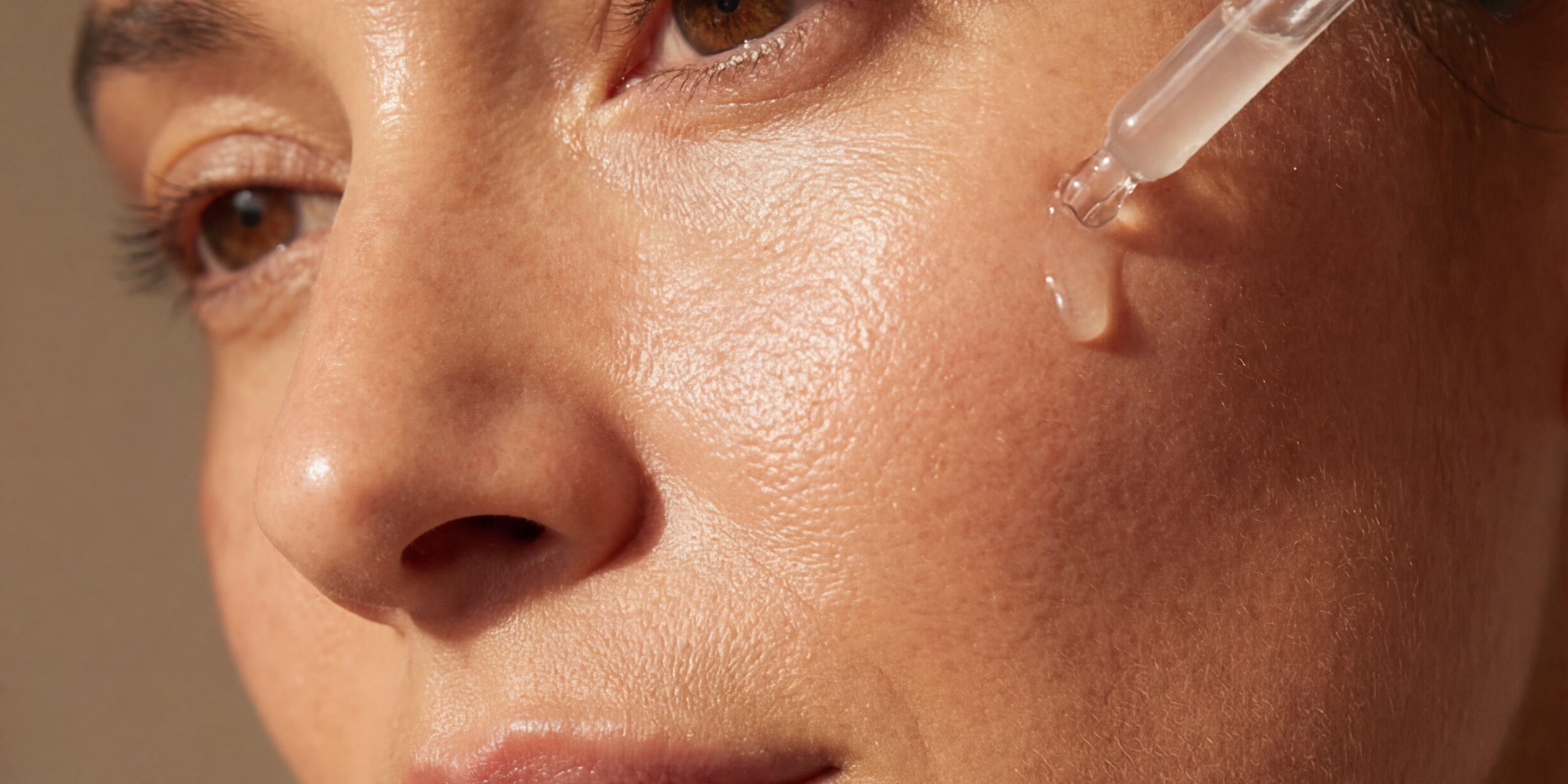 Woman applying a serum dropper to her cheek