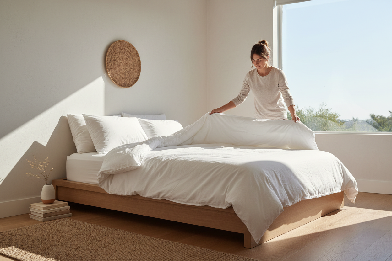 create an image of a girl making her bed