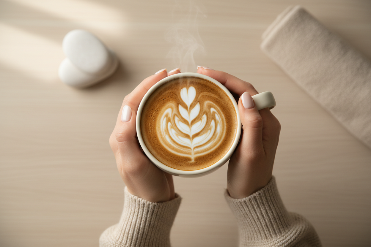 generate a warm cup of barista coffee with the arms of a woman 