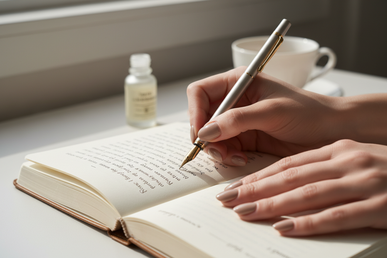 someone writing in a journal with very nice nails 